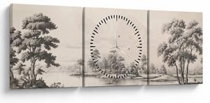 Obraz - Rysunek krajobrazu w stylu vintage (z zegarem) (90x30 cm)
