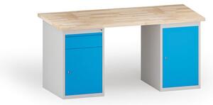 Stół warsztatowy KOVONA, 1 szafka wisząca i 1 szafka z szuflada na narzędzia, blat z drewna bukowego, 1700 mm