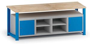 Stół warsztatowy KOVONA, 4 szafki wiszące na narzędzia, z półką, blat z drewna bukowego, stałe nogi, 2100 mm