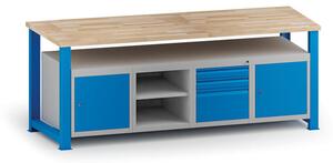 Stół warsztatowy KOVONA, 3 szafki wiszące i 3 szuflady na narzędzia, z półką, blat z drewna bukowego, stałe nogi, 2100 mm