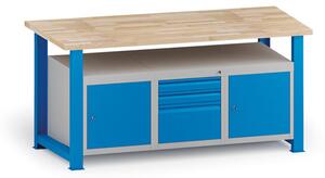 Stół warsztatowy KOVONA, 2 wiszące szafki i 3 szuflady na narzędzia, blat z drewna bukowego, stałe nogi, 1700 mm
