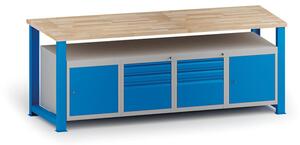 Stół warsztatowy KOVONA, 2 szafki wiszące i 6 szuflad na narzędzia, blat z drewna bukowego, stałe nogi, 2100 mm