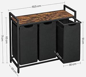 Kosz na bieliznę z półką BERGEN, 3x38l, czarny/brązowy SongmicsHome
