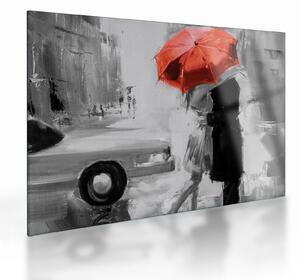 Obraz na szkle - Zakochana para pod parasolem, czerwony (70x50 cm)