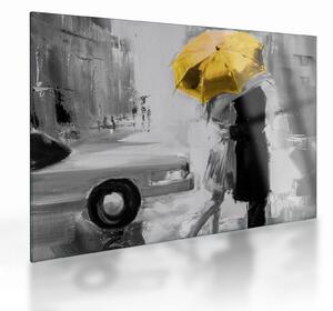 Obraz na szkle - Zakochana para pod parasolem, żółty (70x50 cm)