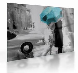 Obraz na szkle - Zakochana para z parasolem, niebieski (70x50 cm)