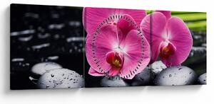 Obraz - Różowe orchidee z liściem palmy (z zegarem) (90x30 cm)
