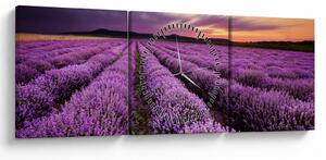 Obraz - Pole lawendy o zachodzie słońca (z zegarem) (90x30 cm)