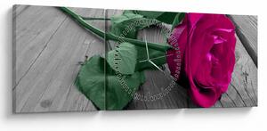 Obraz - Różowa róża z zieloną łodygą (z zegarem) (90x30 cm)