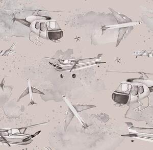 Tapeta do pokoju dziecka samoloty i helikoptery sepia Dekorillo