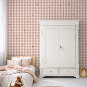 Tapeta w kratkę i serduszka terracotta – tapeta vichy do pokoju dziecka