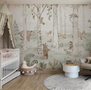Tapeta HELLO TEDDY - green - dziecięca tapeta z niedźwiadkami w zielonym lesie