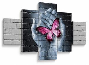 Obraz - Różowy motyl w ścianie (125x70 cm)
