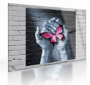 Obraz na szkle - Różowy motyl w ścianie (70x50 cm)