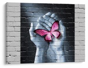 Obraz - Różowy motyl w ścianie (70x50 cm)