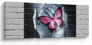 Obraz - Różowy motyl w ścianie (z zegarem) (90x30 cm)