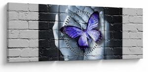 Obraz - Fioletowy motyl na ścianie (z zegarem) (90x30 cm)