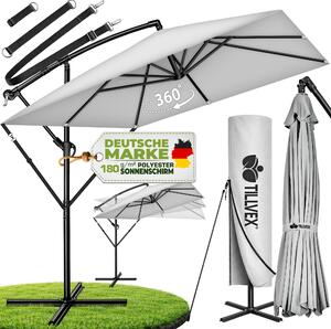 Tillvex® Parasol aluminiowy prostoktny Ø 330 cm szary + pokrowiec z korb | Parasol kwadratowy ze stojakiem i przedni szyb | Parasol ogrodowy aluminiowy z ochron UV | Parasol z korb wodoodporny obracany o 360