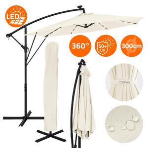 ML-Design Parasol ogrodowy Ø300cm z owietleniem LED Solar Beowy parasol aluminiowy z korbk Pokrowiec i stojak Ochrona przeciwsoneczna i wodoodporna Obrotowy i odchylany