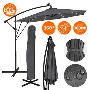 ML-Design Parasol ogrodowy Ø300cm z owietleniem LED Solar Antracytowy parasol aluminiowy z pokrowcem i stojakiem Ochrona przeciwsoneczna i wodoodporna, obrotowy i odchylany