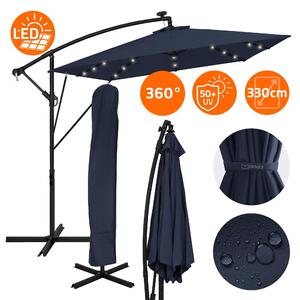 ML-Design Parasol ogrodowy Ø330cm z owietleniem LED Solar Navy-Blue Aluminiowy parasol ogrodowy z korbk Pokrowiec i stojak Ochrona przeciwsoneczna i wodoodporna Obrotowy i odchylany