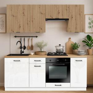 Zestaw Mebli Kuchennych MODERN 200 cm Dąb/Biały Połysk Ryflowany Nowoczesny