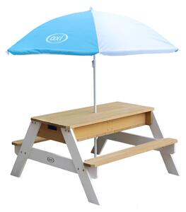 AXI Drewniany stolik piknikowy Nick, parasol, pojemniki na piasek/wodę