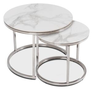 Zestaw Stolików Kawowych AMARA 45,5 cm/60 cm Biały Marmur/Srebrny Glamour