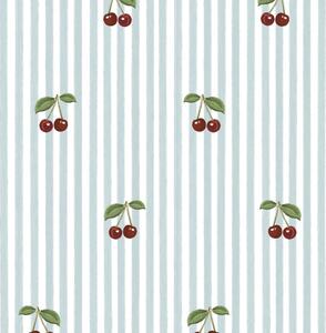 Tapeta do pokoju dla dziecka Little Cherries on Blue Stripes