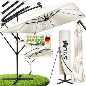 Tillvex® Aluminiowy parasol prostoktny Ø 330 cm z diodami LED Solar Beige + pokrowiec z korbk | parasol wspornikowy ze stojakiem i wiatrochronem | parasol ogrodowy z ochron UV, wodoodporny, obracany o 360° | parasol rynkowy z korbk