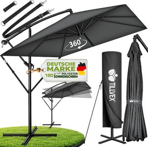 Tillvex® Prostoktny parasol aluminiowy Ø 330 cm antracyt + pokrowiec z korbk | Kwadratowy parasol wspornikowy ze stojakiem i wiatrochronem | Aluminiowy parasol ogrodowy z ochron UV | Parasol z korbk Wodoodporny parasol obracany o 360