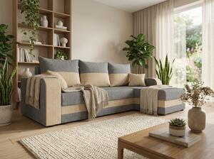 Rozkładana narożna sofa VALERIO 238x140 cm, jasnoszara/beżowa, uniwersalna + 2 poduszki GRATIS