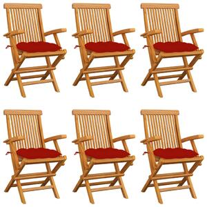 Krzesła ogrodowe, czerwone poduszki, 6 szt., drewno tekowe