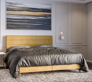 Nowoczesne łóżko kontynentalne z materacem i opcją pojemnika na pościel 140x200 HORIZON w modnym stylu w kolorze żółtym