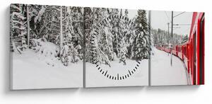Obraz - Pociąg w zaśnieżonym krajobrazie (z zegarem) (90x30 cm)