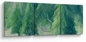 Obraz - Malowane drzewa iglaste (z zegarem) (90x30 cm)