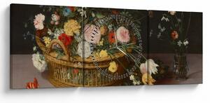 Obraz - Jan Brueghel the Elder, Flowers in a Basket and a Vase, reprodukcje (z zegarem) (90x30 cm)
