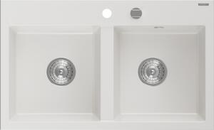 Mexen Hektor zlewozmywak granitowy 2-komorowy 800 x 480 mm, biały, syfon chrom - 6521802000-20