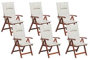 Zestaw 6 krzeseł ogrodowych drewno akacjowe z poduszkami białymi Toscana Beliani