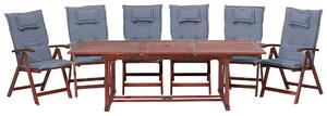 Zestaw ogrodowy drewno akacjowe stół 6 krzeseł poduszki niebieskie Toscana Beliani