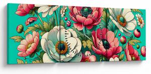 Obraz - Kwiaty na niebieskim tle (z zegarem) (90x30 cm)
