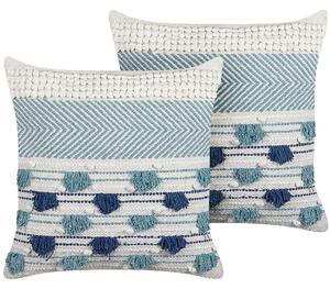 2 bawełniane poduszki dekoracyjne frędzle boho 45x45 cm biało-niebieskie Datura Beliani