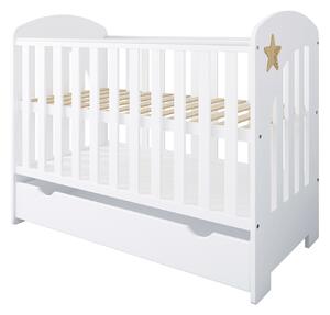 Łóżeczko dziecięce STARS BABY 120x60 z szufladą, barierką i funkcją tapczanika – białe z dekoracyjną gwiazdką