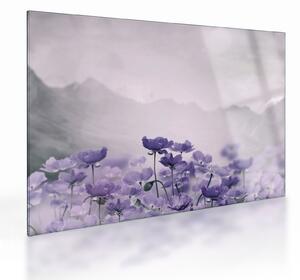 Obraz na szkle - Fioletowe kwiaty w górach (70x50 cm)