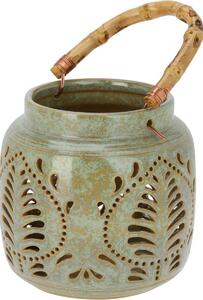 Latarnia porcelanowa z uchwytem bambusowym 14,5 x 14 cm, zielony