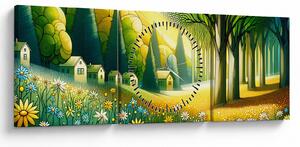 Obraz - Wieś w żółto-zielonym (z zegarem) (90x30 cm)