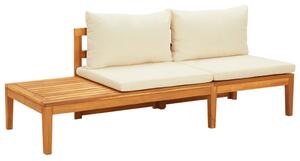 Ławka ogrodowa ze stolikiem, kremowe poduszki, drewno akacjowe