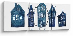 Obraz - Niebieskie domy akwarelowe (z zegarem) (90x30 cm)