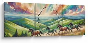 Obraz – Konie galopujące przez krajobraz (z zegarem) (90x30 cm)