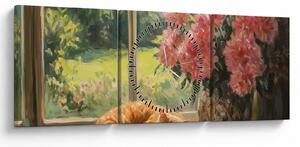 Obraz - Kot na oknie (z zegarem) (90x30 cm)